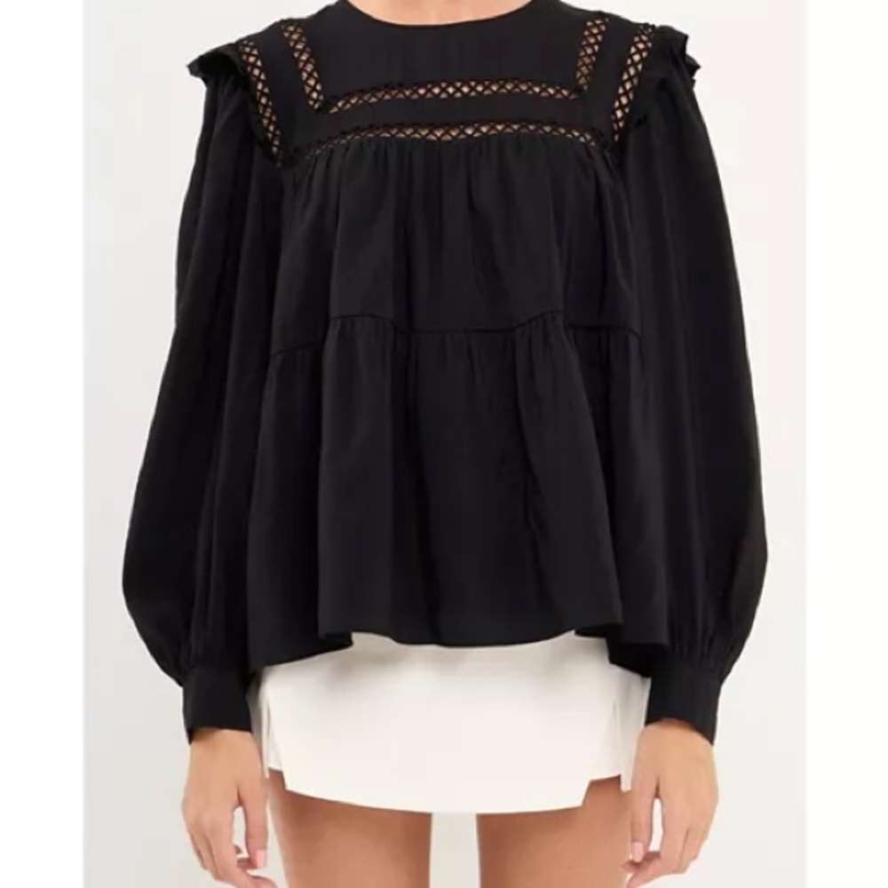 English Factory Black Blouse with Crochet Detail - Back Button Missing